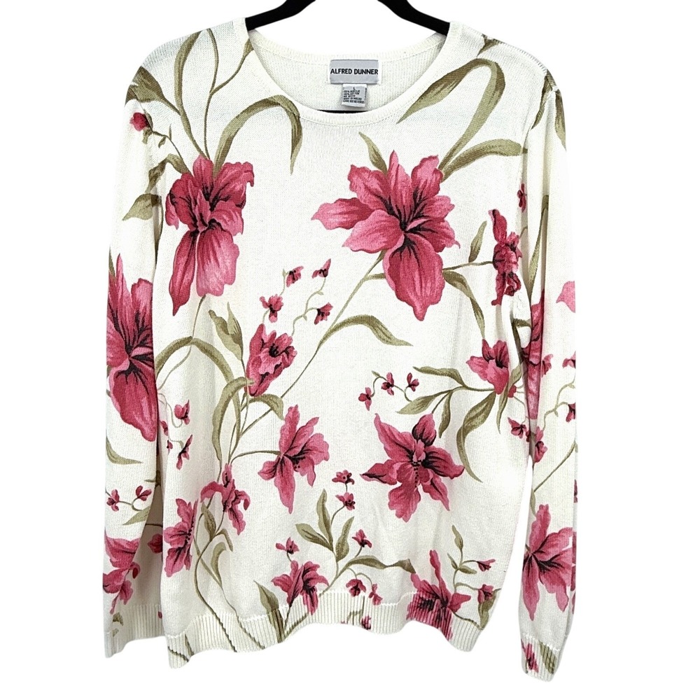 Alfred Dunner Womens Sweater L Pink Lily Beaded Cottagecore Grannycore Modest‎ - Picture 2 of 8
